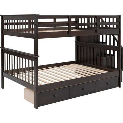 Stairway Full-Over-Full Bunk Bed with Drawer, Storage and Guard Rail for Bedroom, Espresso color