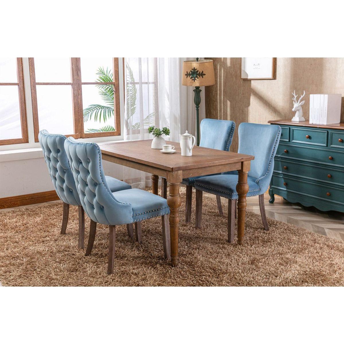 Upholstered Wing-Back Dining Chair with Backstitching Nailhead Trim and Solid Wood Legs, Set of 2, Light Blue, 8809LB, KD