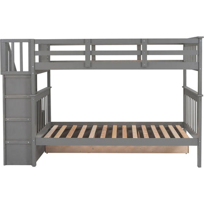 Stairway Twin-Over-Twin Bunk Bed with Three Drawers for Bedroom, Dorm - Gray - Streamdale Furniture