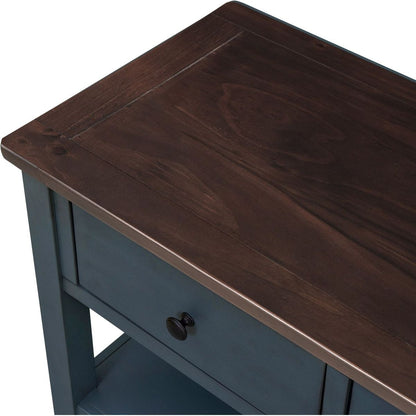 Retro Design Console Table with Two Open Shelves, Pine Solid Wood Frame and Legs for Living Room (Navy) - Streamdale Furniture
