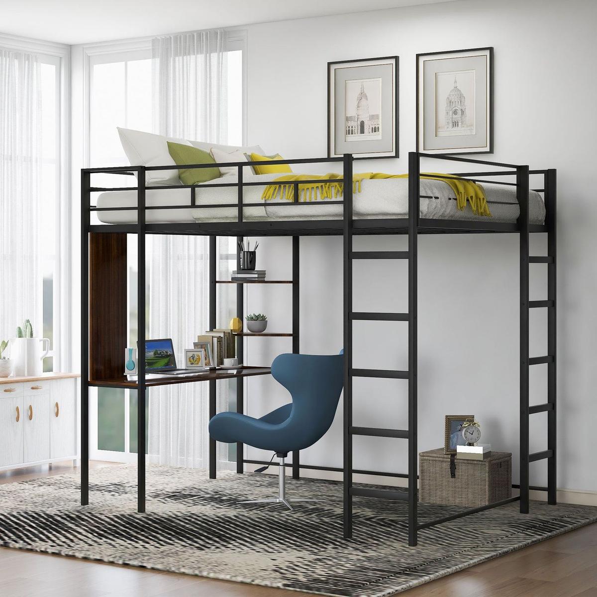 Full Size Metal Loft Bed with 2 Shelves and one Desk, Black