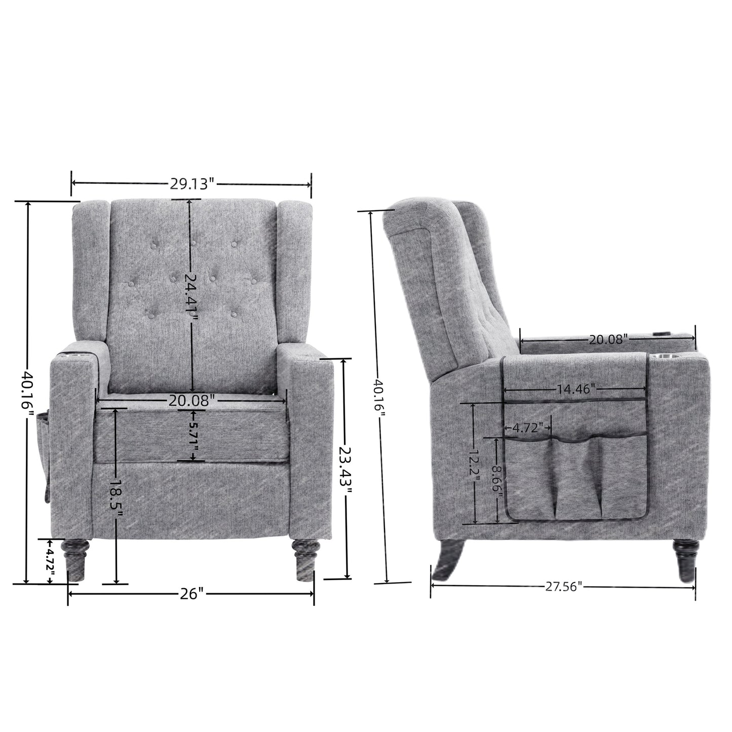 Arm Pushing Recliner Chair, Modern Button Tufted Wingback Push Back Recliner Chair, Living Room Chair Fabric Pushback Manual Single Reclining Sofa Home Theater Seating for Bedroom, Light Gray