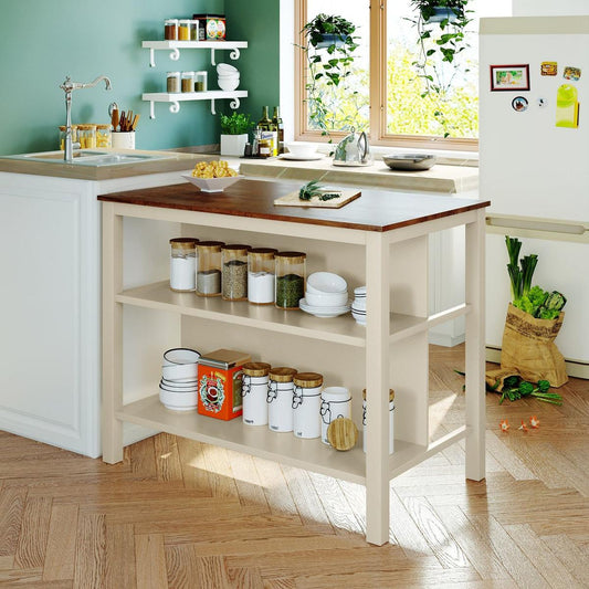 Solid Wood Rustic 45" Stationary Kitchen Island, Rubber Wood Butcher Block Dining Table Prep Table with 2 Open Shelves for Small Places, Walnut+Cream White