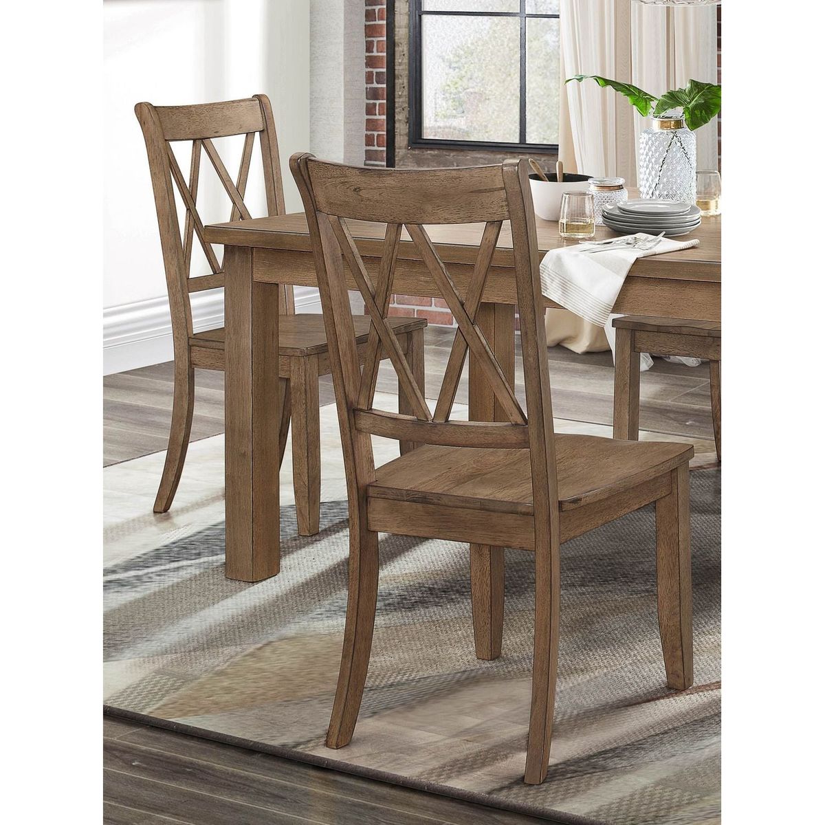 Casual Brown Finish Side Chairs Set of 2 Pine Veneer Transitional Double-X Back Design Dining Room Furniture