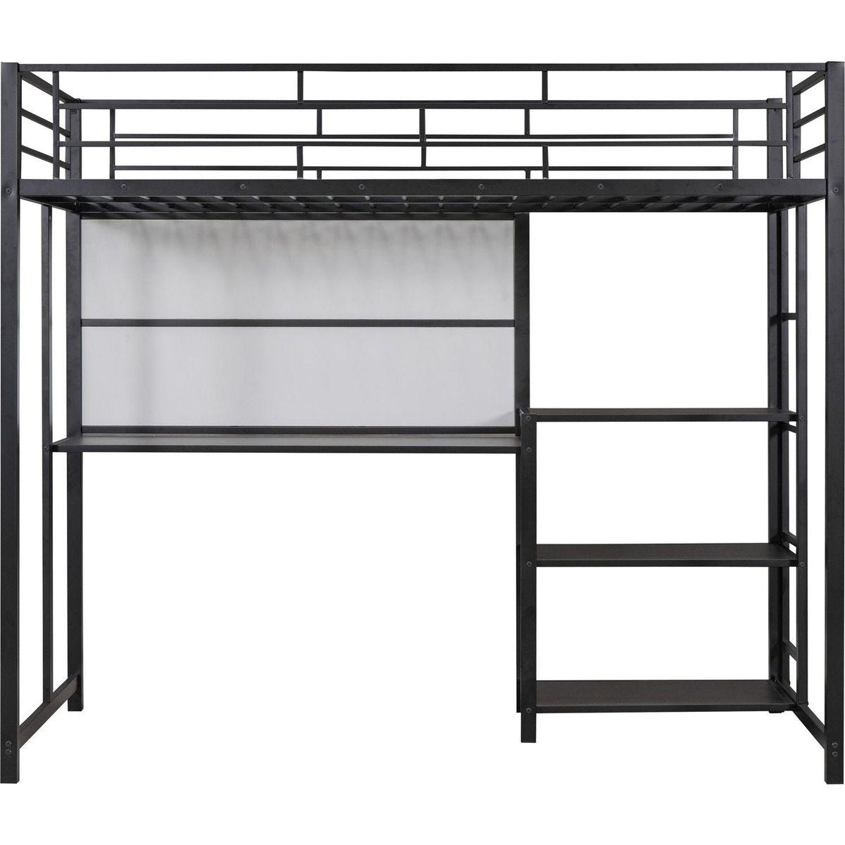 Twin Size Loft Bed with Desk and Whiteboard, Mental Loft Bed with 3 Shelves and Ladder, Black
