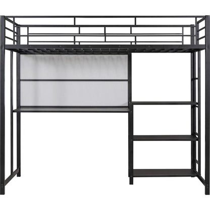 Twin Size Loft Bed with Desk and Whiteboard, Mental Loft Bed with 3 Shelves and Ladder, Black