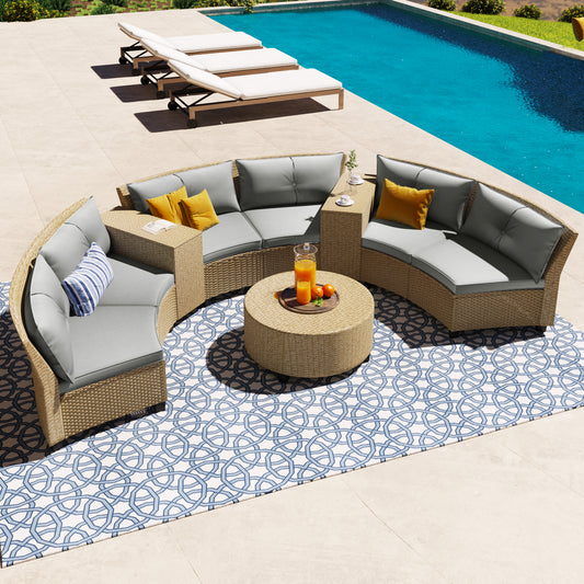 6 - Person Fan-shaped Rattan Suit Combination with Cushions and Table, Suitable for Garden