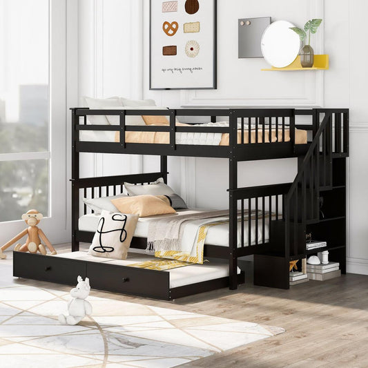 Stairway Full-Over-Full Bunk Bed with Twin size Trundle, Storage and Guard Rail for Bedroom, Dorm - Espresso