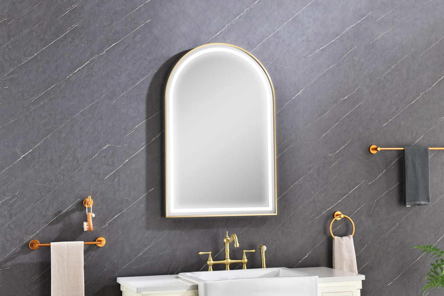 39in. W x 26in. H Oversized Rectangular Brushed Gold Framed LED Mirror Anti-Fog Dimmable Wall Mount Bathroom Vanity Mirror Wall Mirror Kit For Gym And Dance Studio