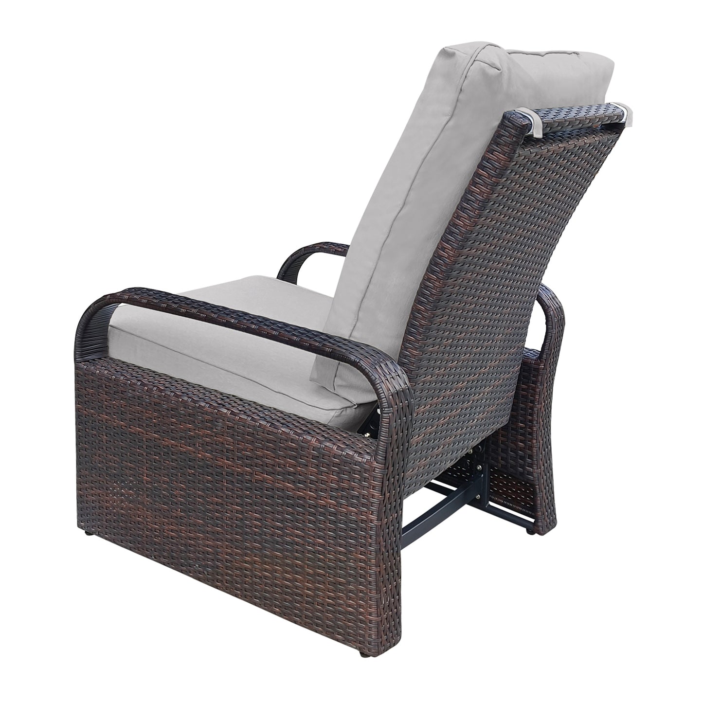 Outdoor Recliner, Automatic Adjustable Wicker Lounge Recliner Chair with Comfy Thicken Cushion, All Weather Aluminum Frame, Brown Wicker + Grey Cushion