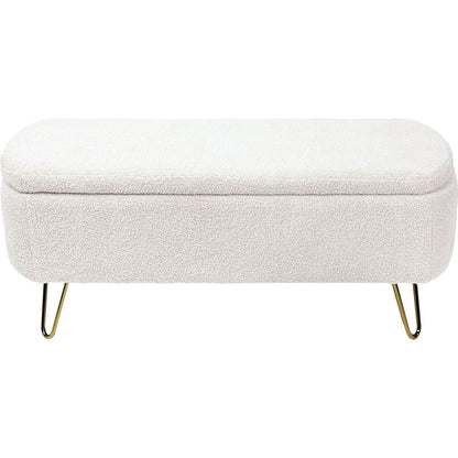 Ivory White Storage Ottoman Bench for End of Bed Gold Legs, Modern Ivory White Faux Fur Entryway Bench Upholstered Padded with Storage for Living Room Bedroom