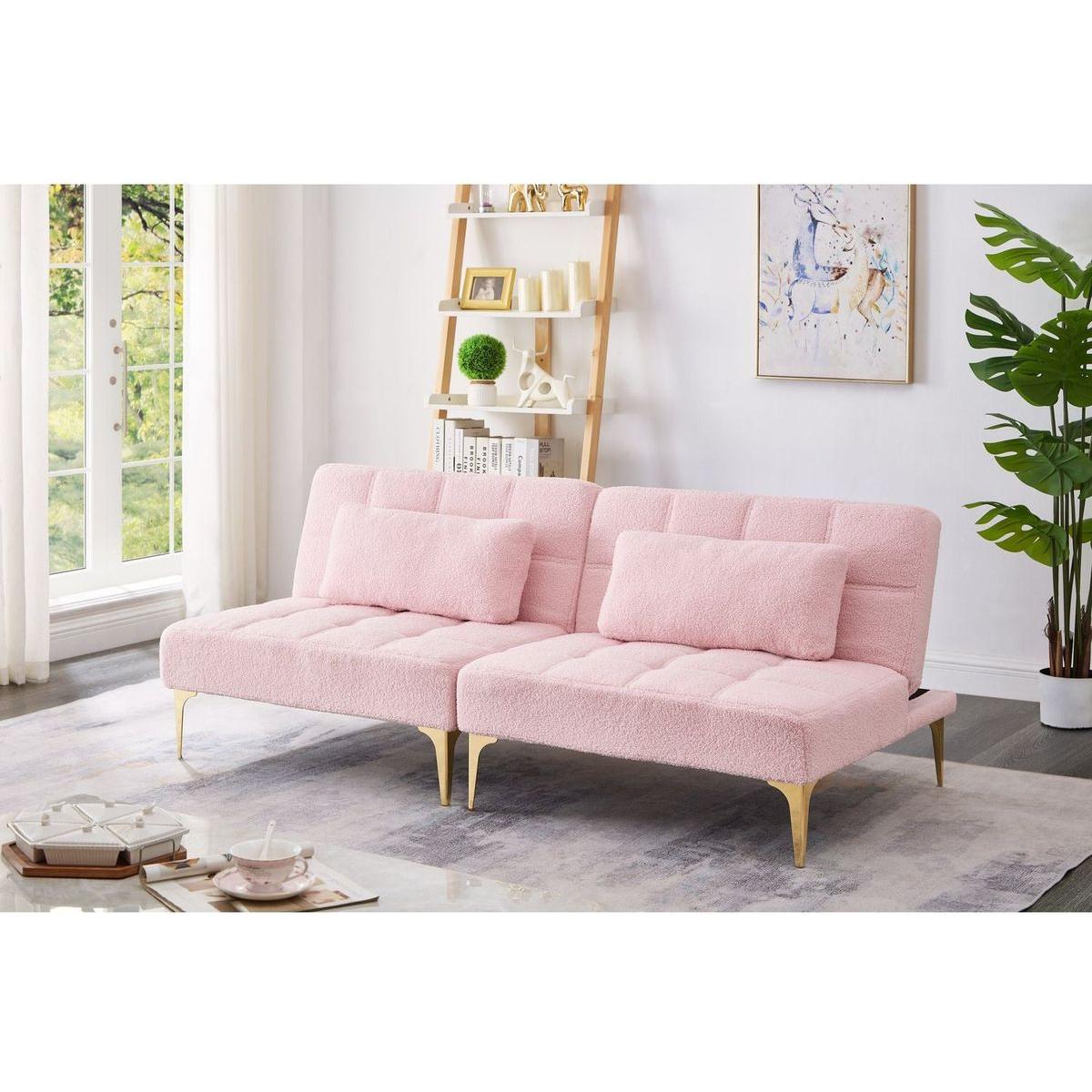 71" Convertible sofa bed futon with gold metal legs teddy fabric (Pink)