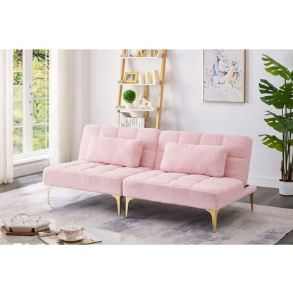 71" Convertible sofa bed futon with gold metal legs teddy fabric (Pink)