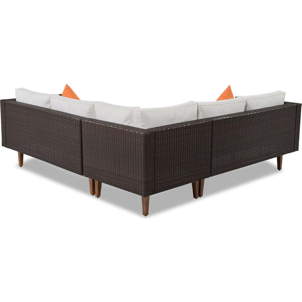 GO 4-pieces Outdoor Wicker Sofa Set, Patio Furniture with Colorful Pillows, L-shape sofa set, Beige cushions and Brown Rattan