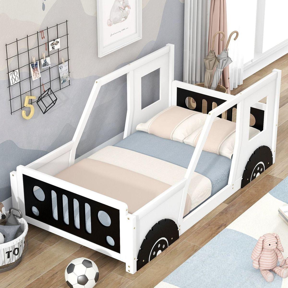 Twin Size Classic Car-Shaped Platform Bed with Wheels, White - Streamdale Furniture
