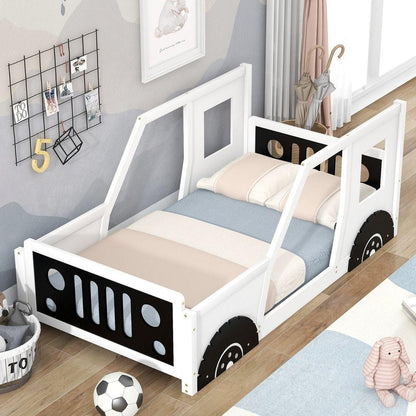 Twin Size Classic Car-Shaped Platform Bed with Wheels, White - Streamdale Furniture