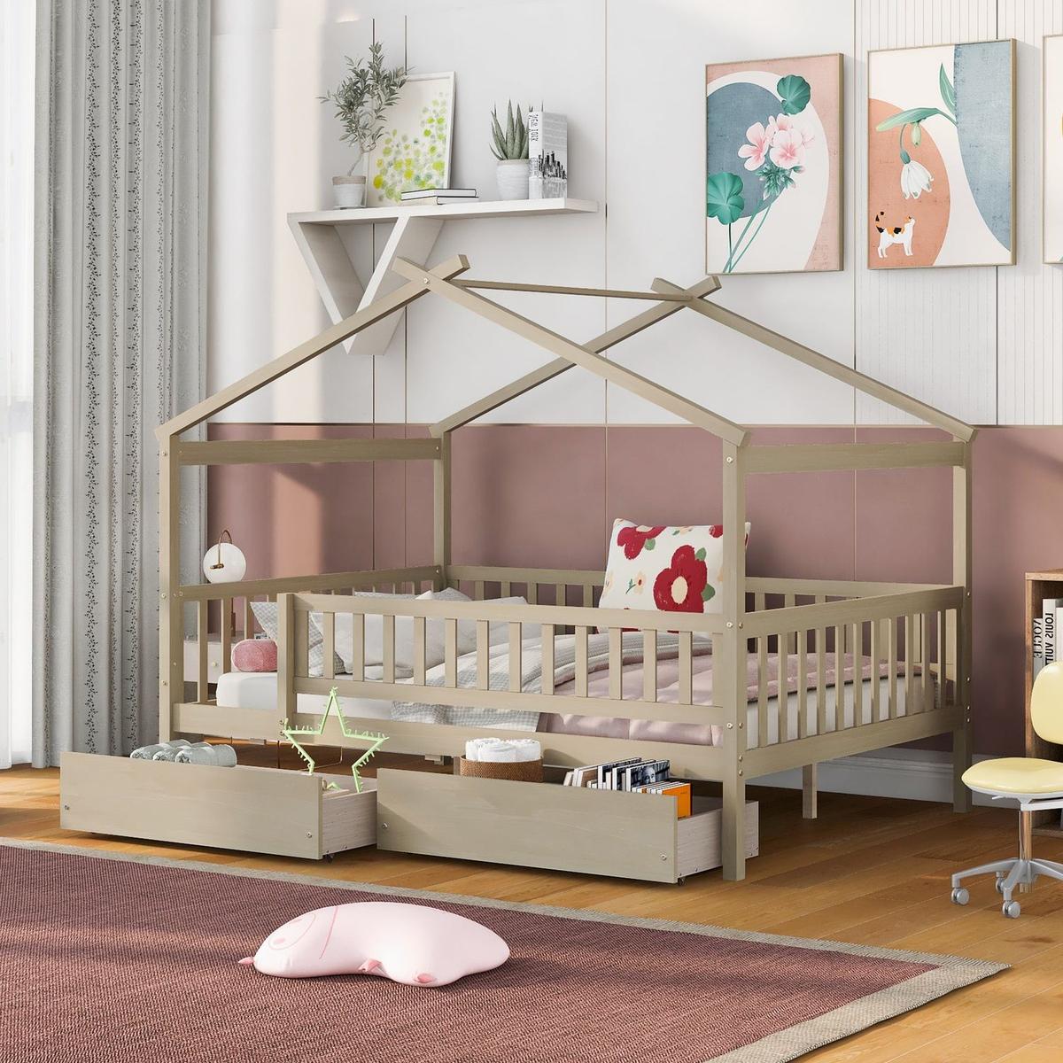 Full Size Wooden House Bed with Two Drawers, Natural
