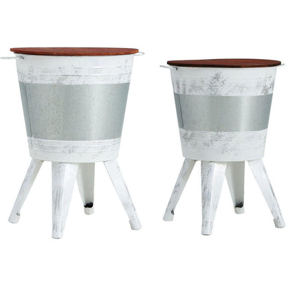 Farmhouse Rustic Distressed Metal Accent Cocktail Table with wood top-WHT, Set of 2