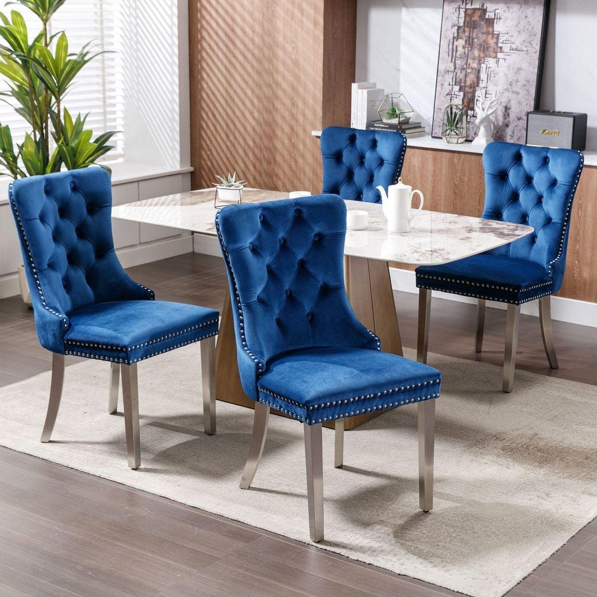 Nikki Collection Modern, High-end Tufted Solid Wood Contemporary Velvet Upholstered Dining Chair with Chrome Stainless Steel Plating Legs, Nailhead Trim, Set of 2, Blue and Chrome