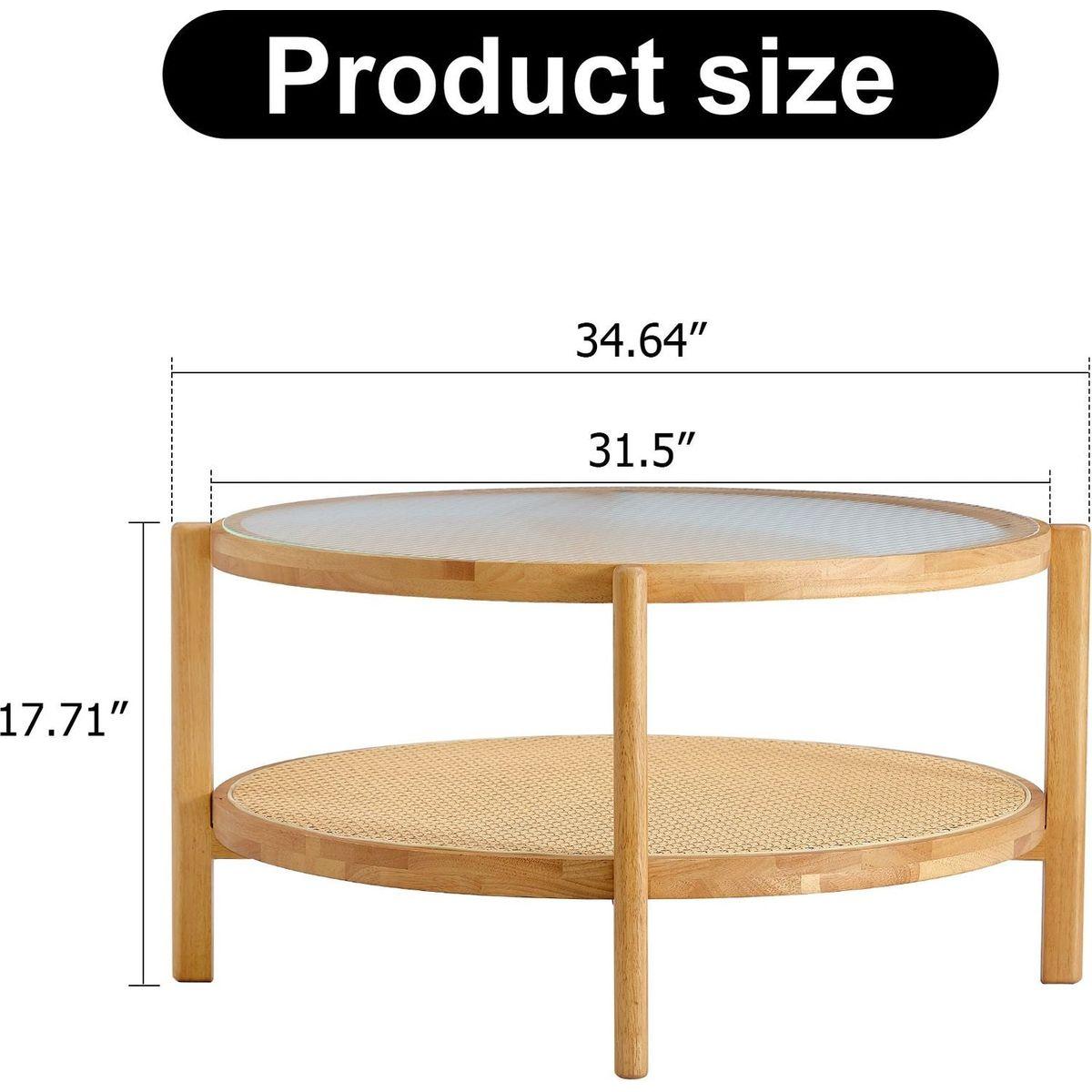 Modern simple circular double-layer solid wood tea table rattan woven Chinese side table small round table suitable for living room, dining room and bedroom