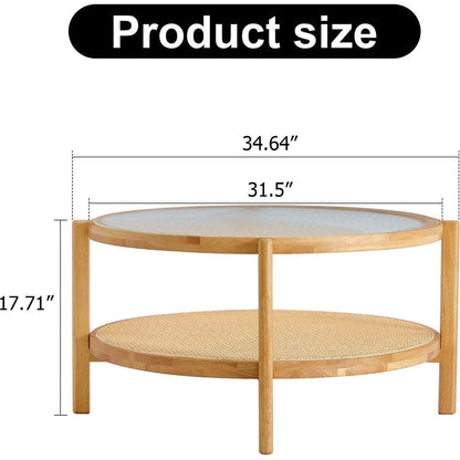 Modern simple circular double-layer solid wood tea table rattan woven Chinese side table small round table suitable for living room, dining room and bedroom