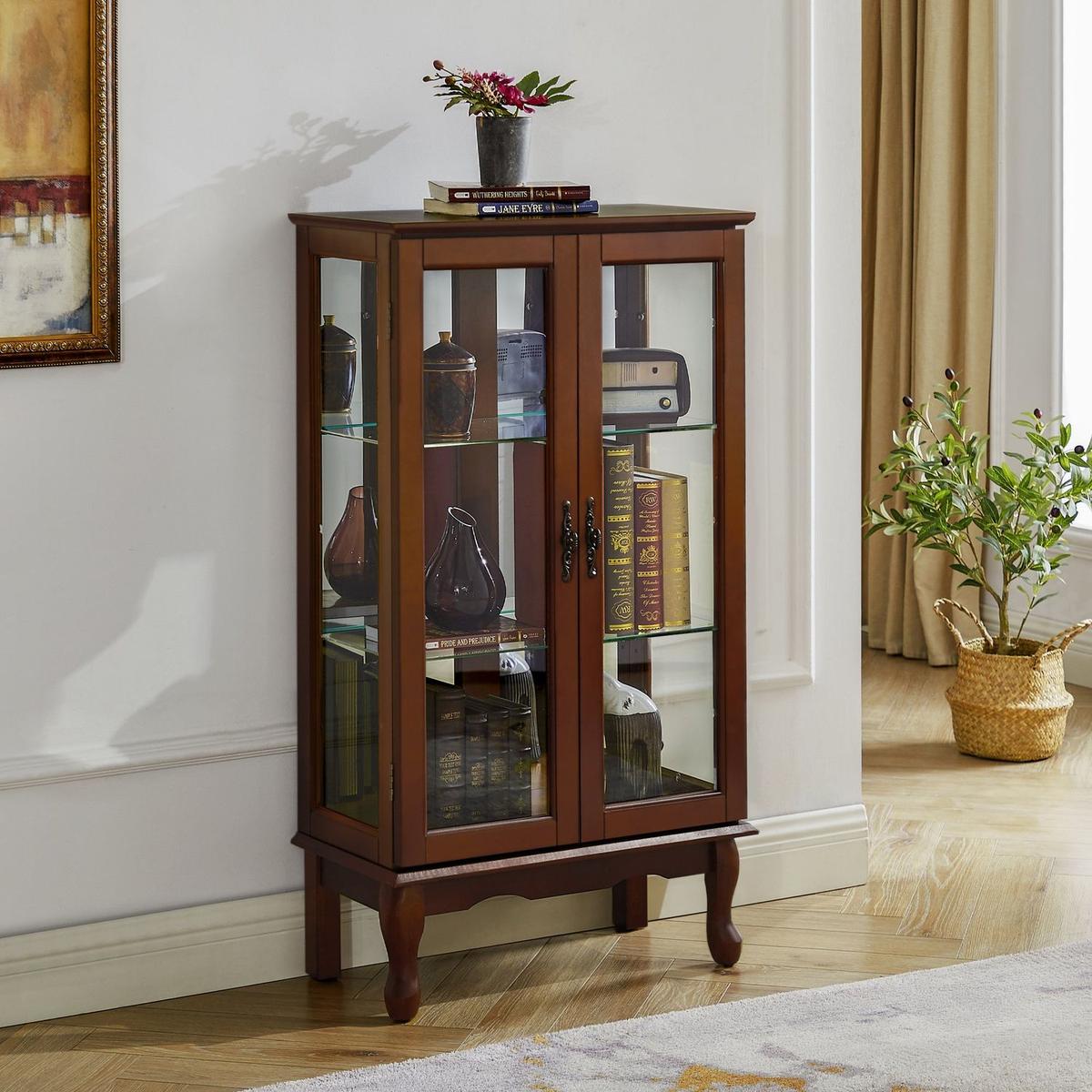 Curio Cabinet Lighted Curio Diapaly Cabinet with Adjustable Shelves and Mirrored Back Panel, Tempered Glass Doors (Walnut, 3 Tier), (E26 light bulb not included) - Streamdale Furniture
