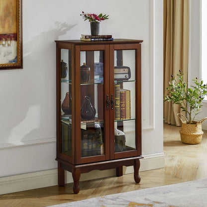Curio Cabinet Lighted Curio Diapaly Cabinet with Adjustable Shelves and Mirrored Back Panel, Tempered Glass Doors (Walnut, 3 Tier), (E26 light bulb not included) - Streamdale Furniture