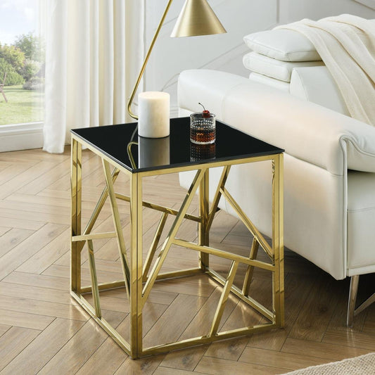 20 Inch Modern Glass End Table with Geometric Metal Frame, Accent Table Nightstand Furniture Corner Table for Living Room, Home Office, Bedroom - Gold