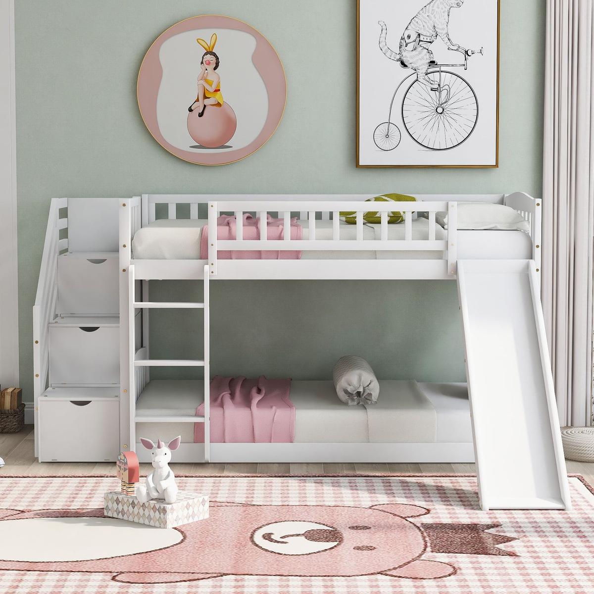 Stairway Twin over Twin Bunk Bed with Two Drawers and Slide, White