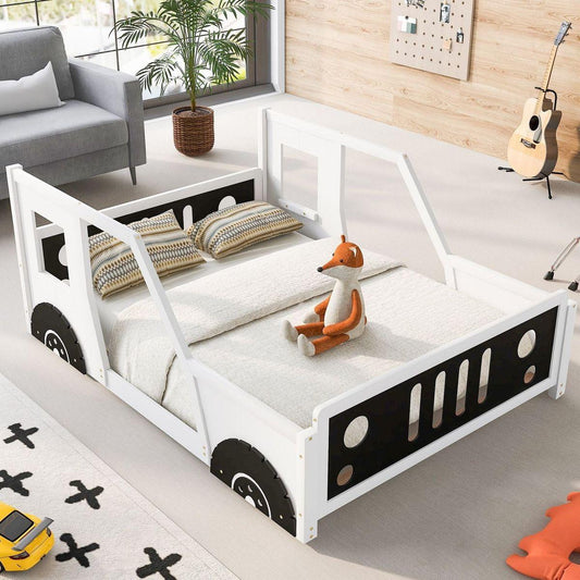 Full Size Classic Car-Shaped Platform Bed with Wheels, White