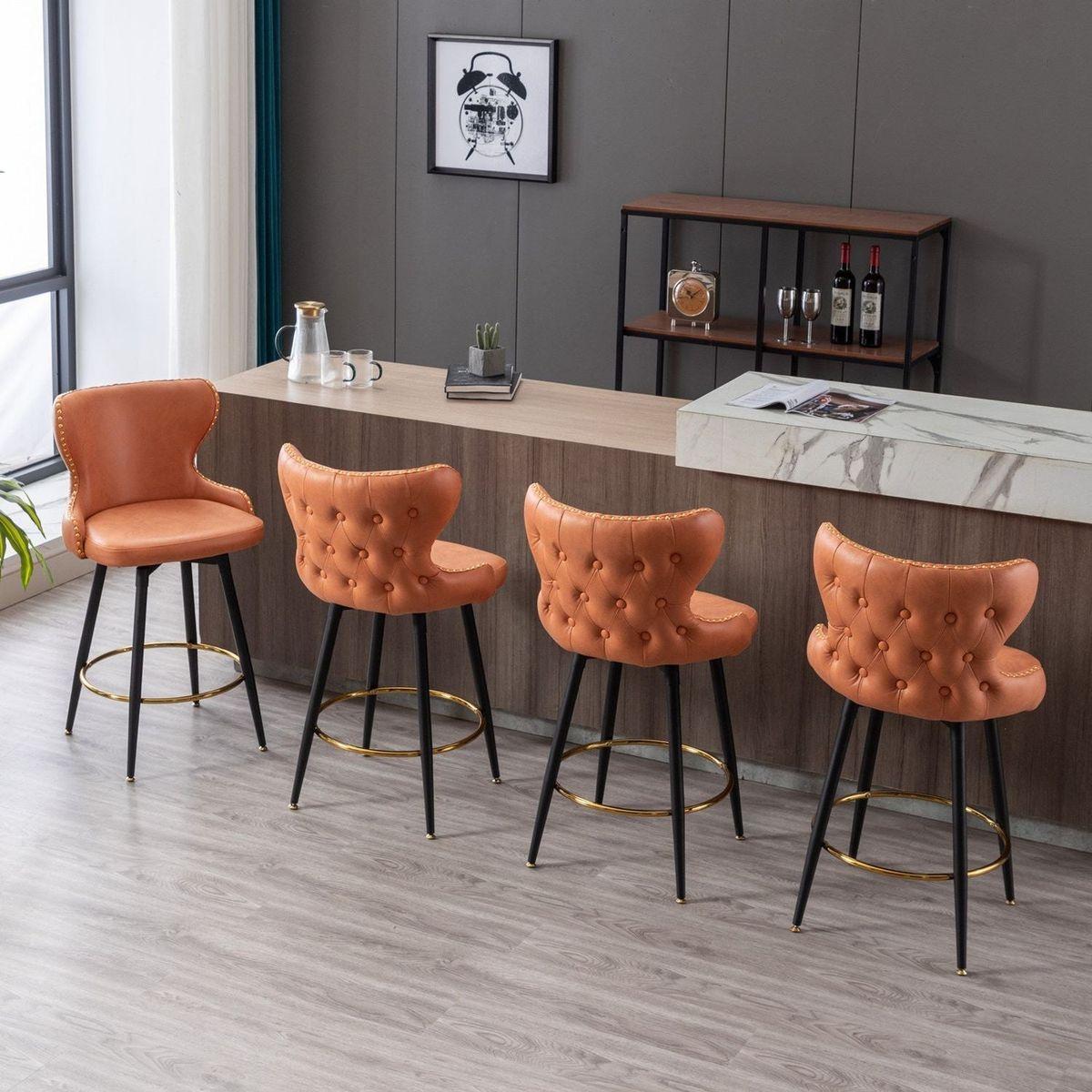 Counter Height 25" Modern Leathaire Fabric bar chairs, 180 degree Swivel Bar Stool Chair for Kitchen, Tufted Gold Nailhead Trim Bar Stools with Metal Legs, Set of 2 (Orange)