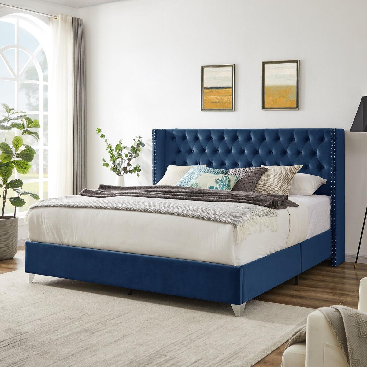 King bed, Button designed Headboard, strong wooden slats + metal legs with Electroplate