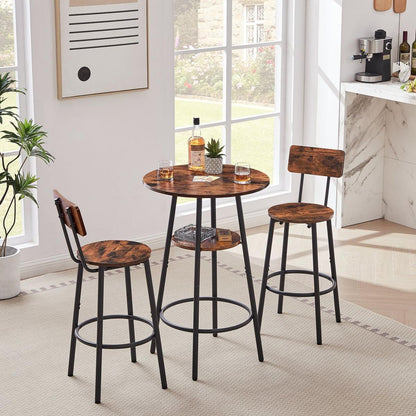 Round bar stool set with shelves, stool with backrest Rustic Brown, 23.6" Dia x 35.4" H - Streamdale Furniture