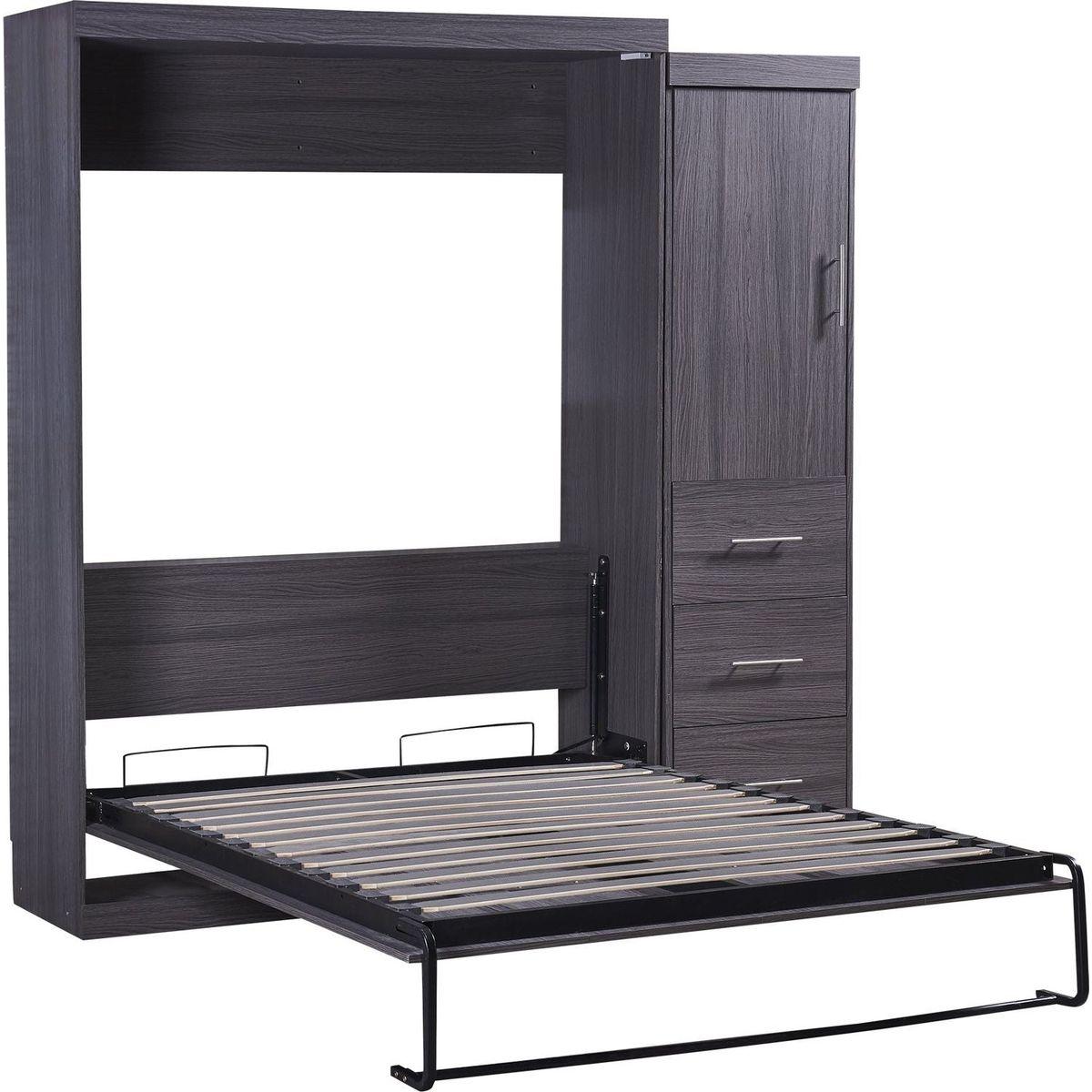 Full Size Murphy Bed with Wardrobe and Drawers, Storage Bed, can be Folded into a Cabinet, Gray