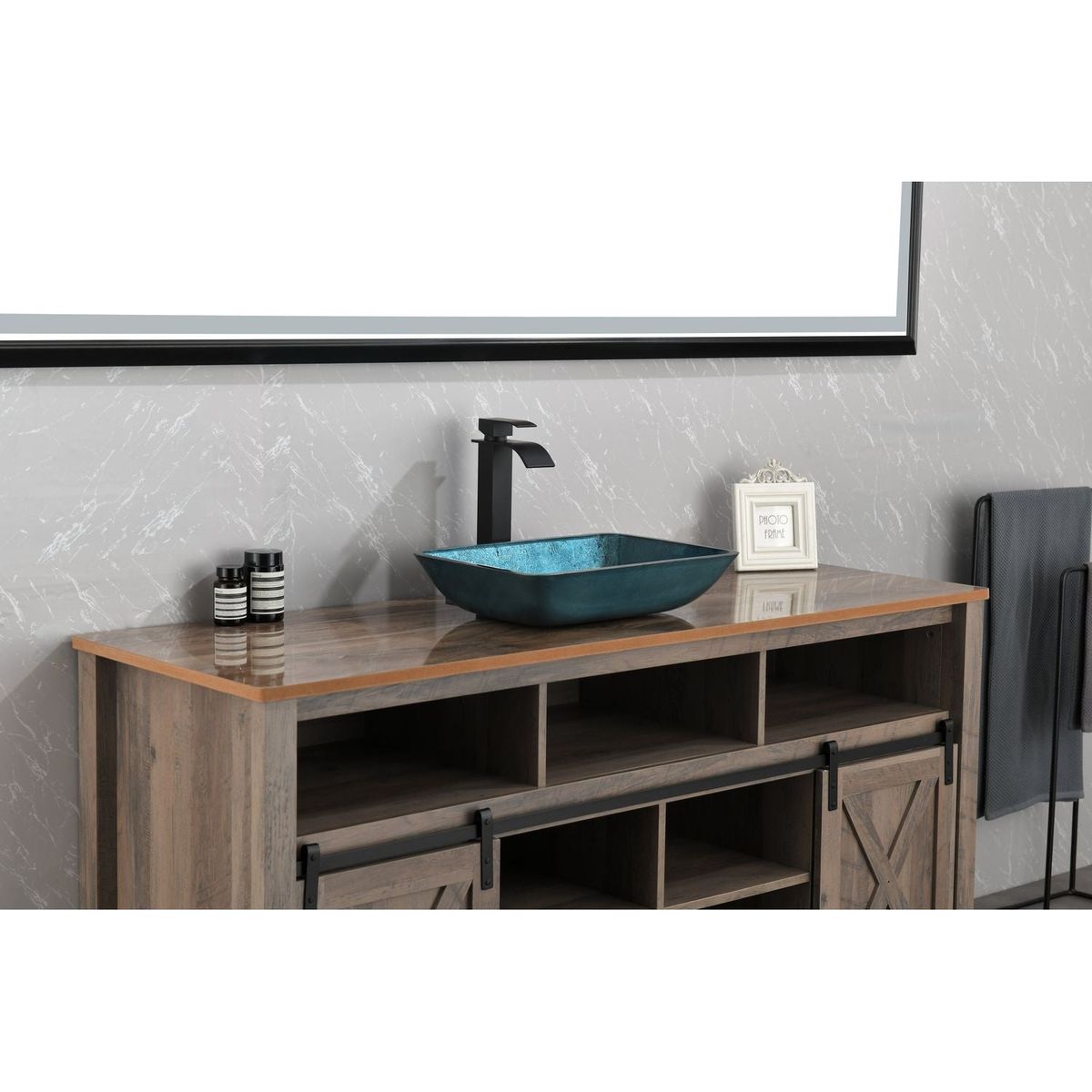 18.125" L -13.0" W -12.0" H Handmade Countertop Glass Rectangular Vessel Bathroom Sink Set in Blue Glass with Matte Black Single-Handle Single Hole Faucet and Pop Up Drain