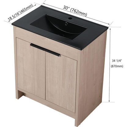 30 Inch Freestanding Bathroom Vanity with Black Ceramic Sink & 2 Soft-Close Cabinet Doors (BVB02430PLO-BL9075BK),W1286S00019