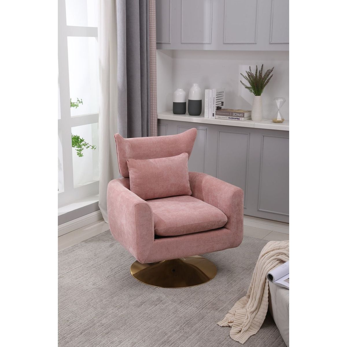 Classic Mid-Century 360-degree Swivel Accent Chair, Pink Linen