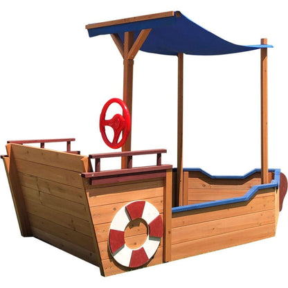 Pirate Ship Sandbox with Cover and Rudder, Wooden Sandbox with Storage Bench and Seat, Outdoor Toy for Kids Ages 3-8 Years Old