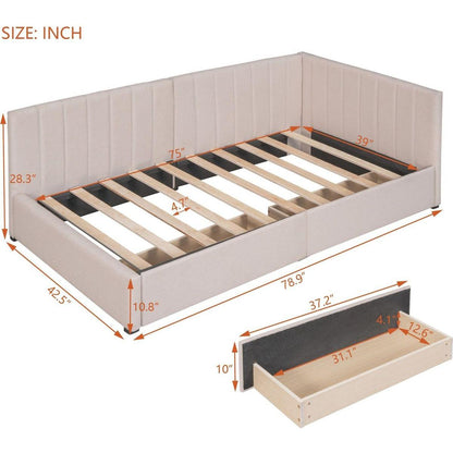 Upholstered Daybed with 2 Storage Drawers Twin Size Sofa Bed Frame No Box Spring Needed, Linen Fabric (Beige)