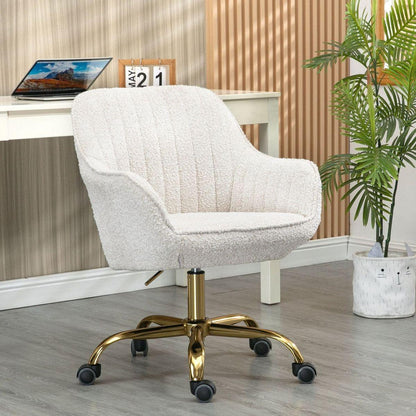 360 Beige Boucle Fabric Swivel Chair With High Back, Adjustable Working Chair With Golden Color Base