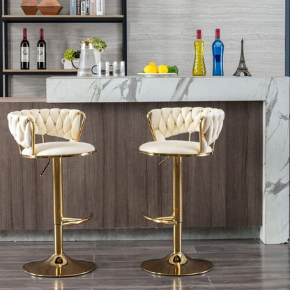 Set of 2 Bar Stools, with Chrome Footrest and Base Swivel Height Adjustable Mechanical Lifting Velvet + Golden Leg Simple Bar Stool-Cream - Streamdale Furniture