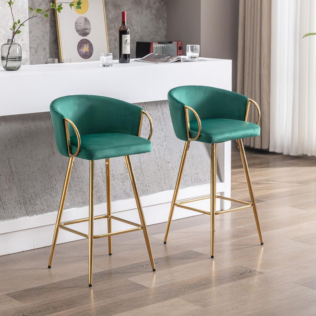 26 Inch Set of 2 Bar Stools, with Chrome Footrest and Base Velvet + Golden Leg Simple Bar Stool, GREEN