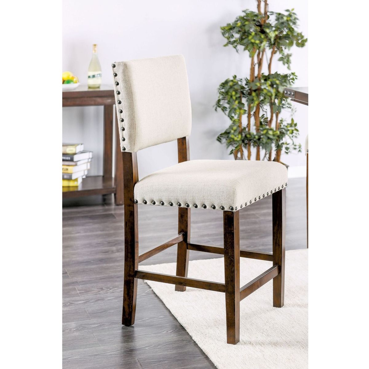 Classic Set of 2pc Counter Height Dining Chairs Ivory Fabric Padded Linen Chairs Upholstered Cushion High Chairs Nailhead Trim Kitchen Dining Room Solid wood Brown Cherry