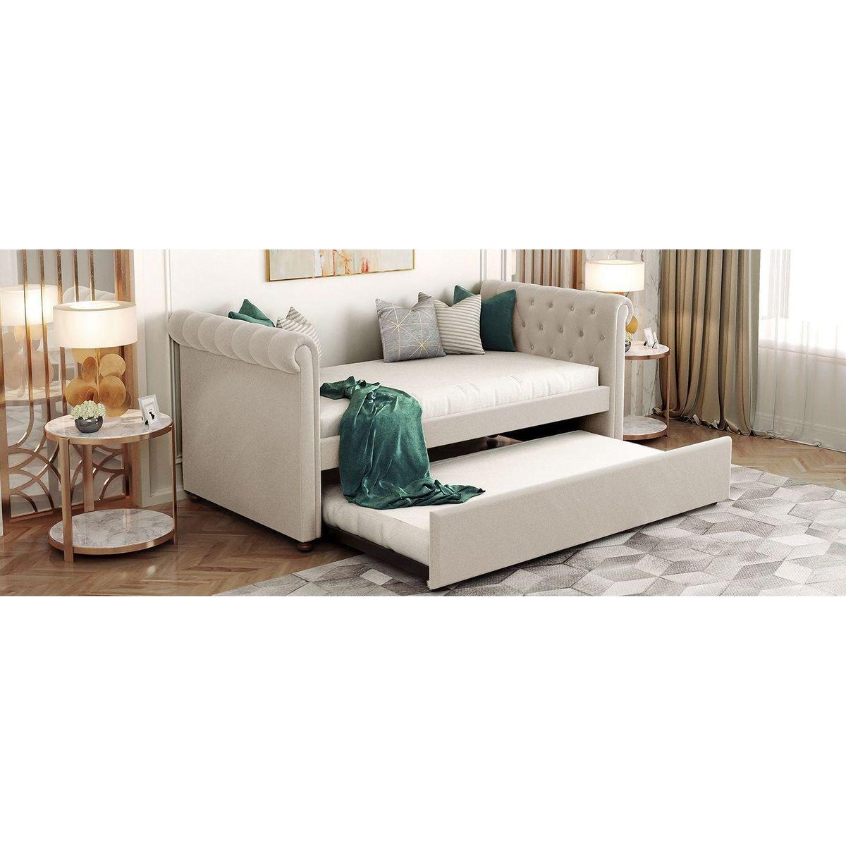 Twin Size Upholstered daybed with Trundle, Wood Slat Support, Beige(OLD SKU :LP000116AAA)