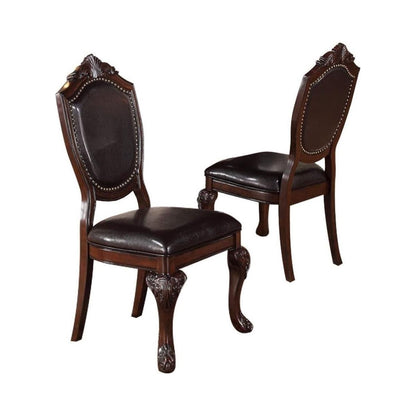 Royal Majestic Formal Set of 2 Side Chairs Brown Color Rubberwood Dining Room Furniture Intricate Design Faux Leather Upholstered Seat