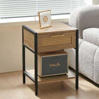 15.74" Rattan End table with drawer, Modern nightstand, metal legs,side table for living room, bedroom,natural(1 pc)