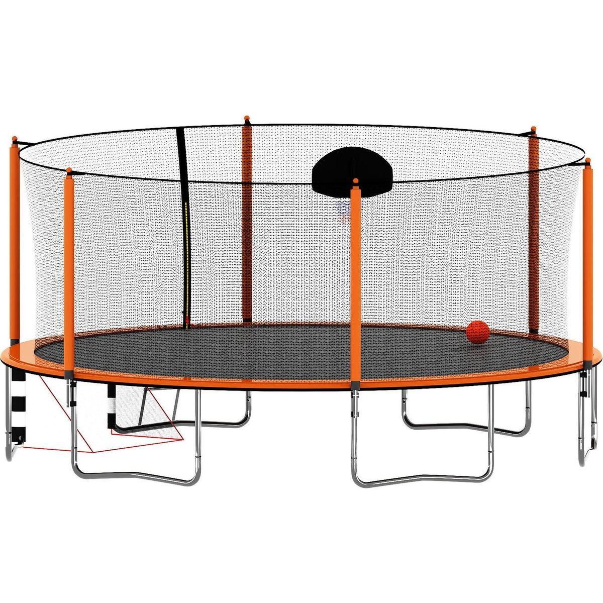 16FT Trampoline with Basketball Hoop pump and Ladder(Inner Safety Enclosure) with soccer goal orange