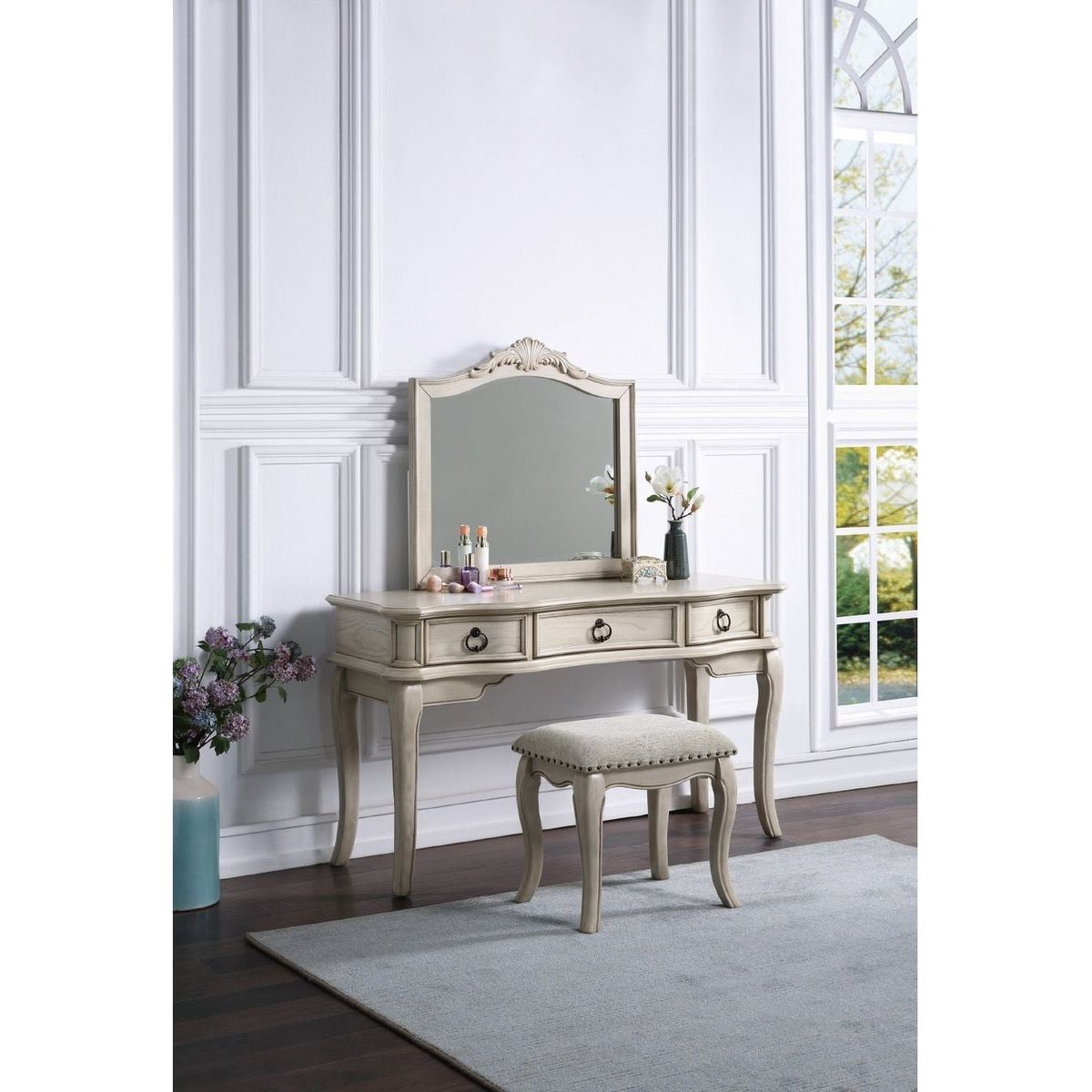 Contemporary Antique White Color Vanity Set w Stool Retro Style Drawers cabriole-tapered legs Mirror w floral crown molding Bedroom Furniture