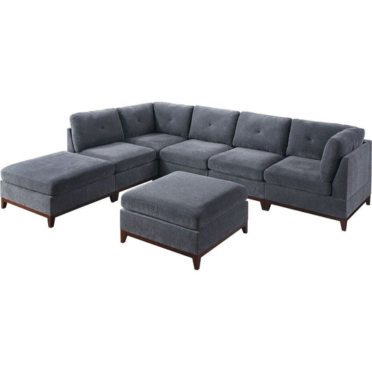 Ash Grey Chenille Fabric Modular Sectional 7pc Set Living Room Furniture U-Sectional Couch 2x Corner Wedge 3x Armless Chairs and 2x Ottomans Tufted Back Exposed Wooden Base