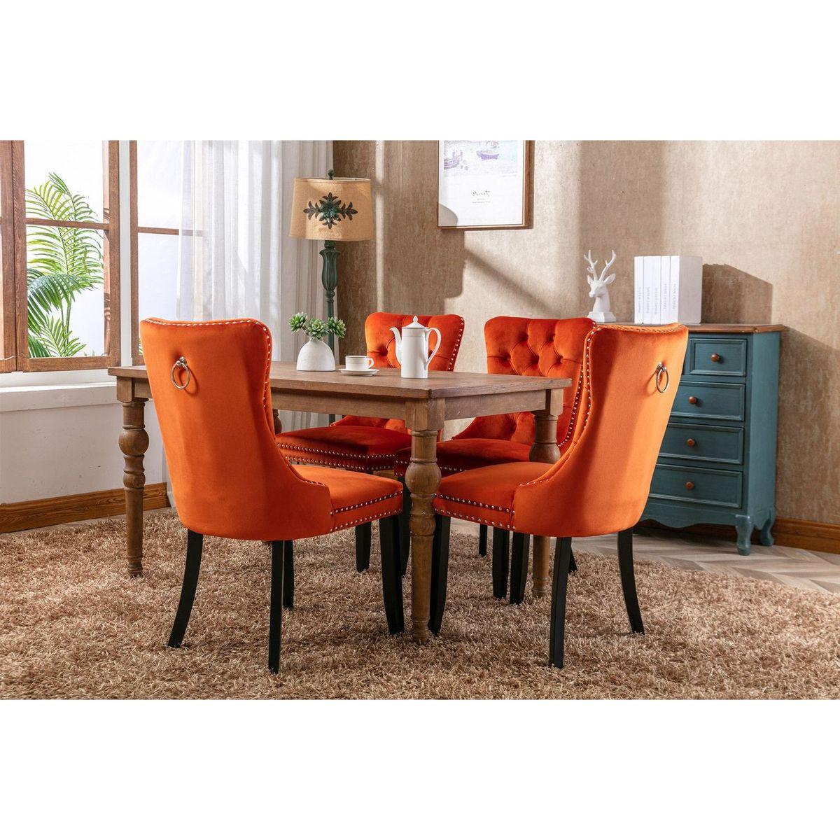 Nikki Collection Modern, High-end Tufted Solid Wood Contemporary Velvet Upholstered Dining Chair with Wood Legs Nailhead Trim 2-Pcs Set, Orange